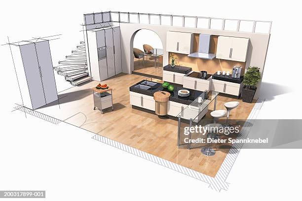 interior design of kitchen (digital) - kitchen bench stock illustrations