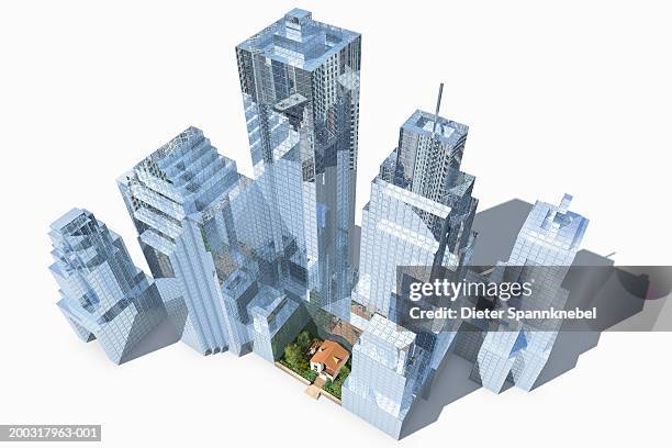 house surrounded by skyscrapers, elevated view (digital) - model portrait studio stock illustrations