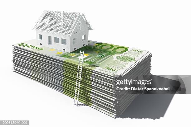 house on top of stack of 100 euro notes and a ladder (digital) - hausmodell stock-grafiken, -clipart, -cartoons und -symbole