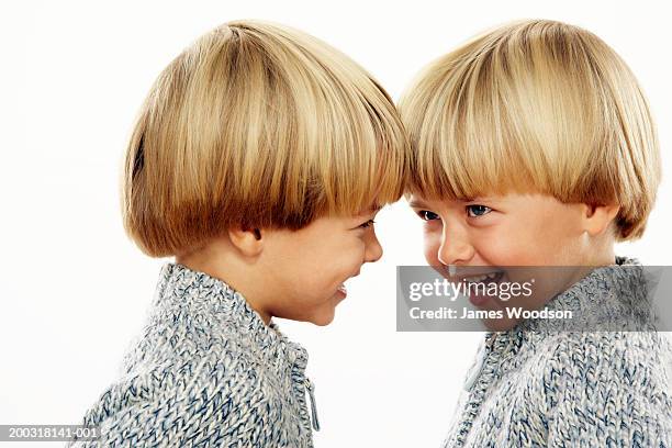 twin boys (3-5) head to head, smiling, profile of one, close-up - twins boys stockfoto's en -beelden