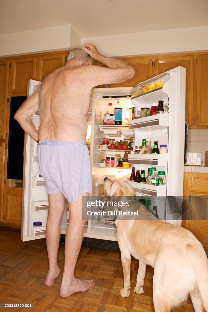 Dog beside senior man looking in refrigerator, rear view
