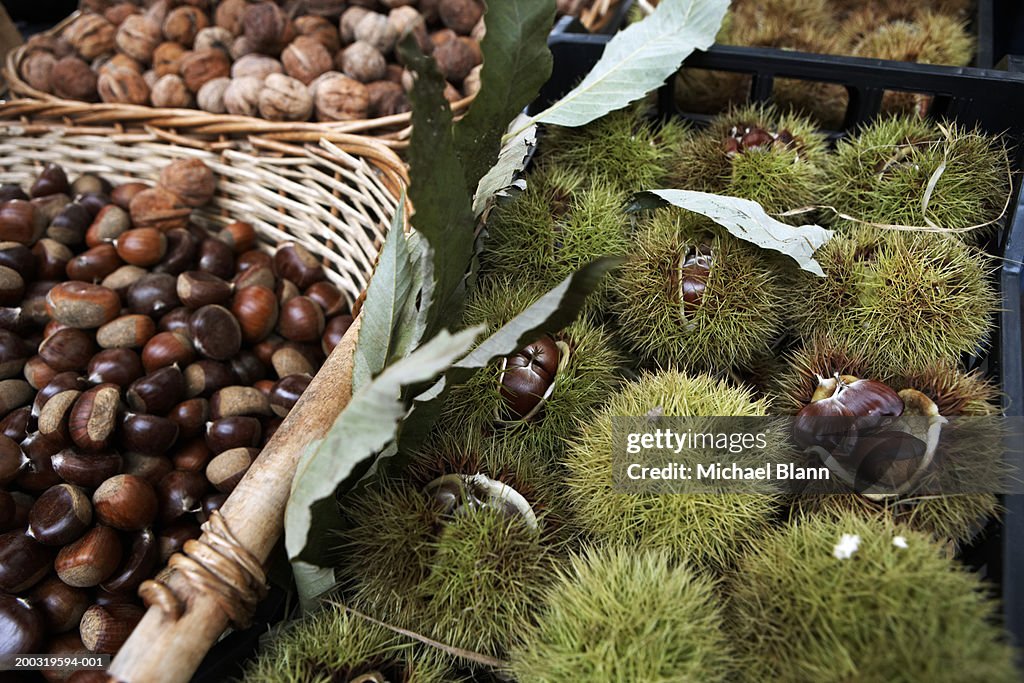 Chestnuts on market stall, close-up