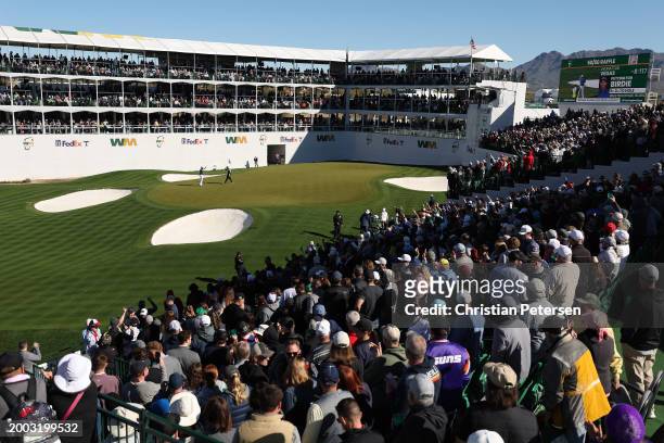 General view of the on the 16th green is seen as Jhonattan Vegas of Venezuela makes birdie during the continuation of the third round of the WM...