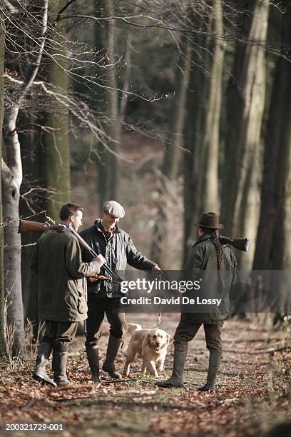 three people playing with dog in forest - hunter outfit stock pictures, royalty-free photos & images