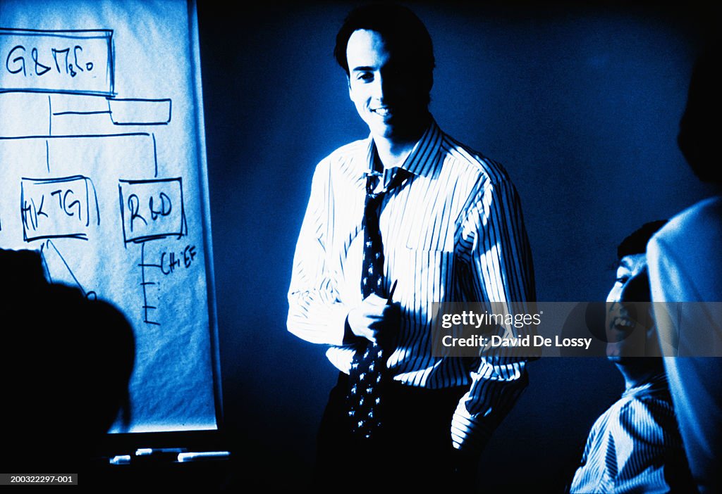 Businessman giving presentation with flipchart in front of colleagues (cross-processed)