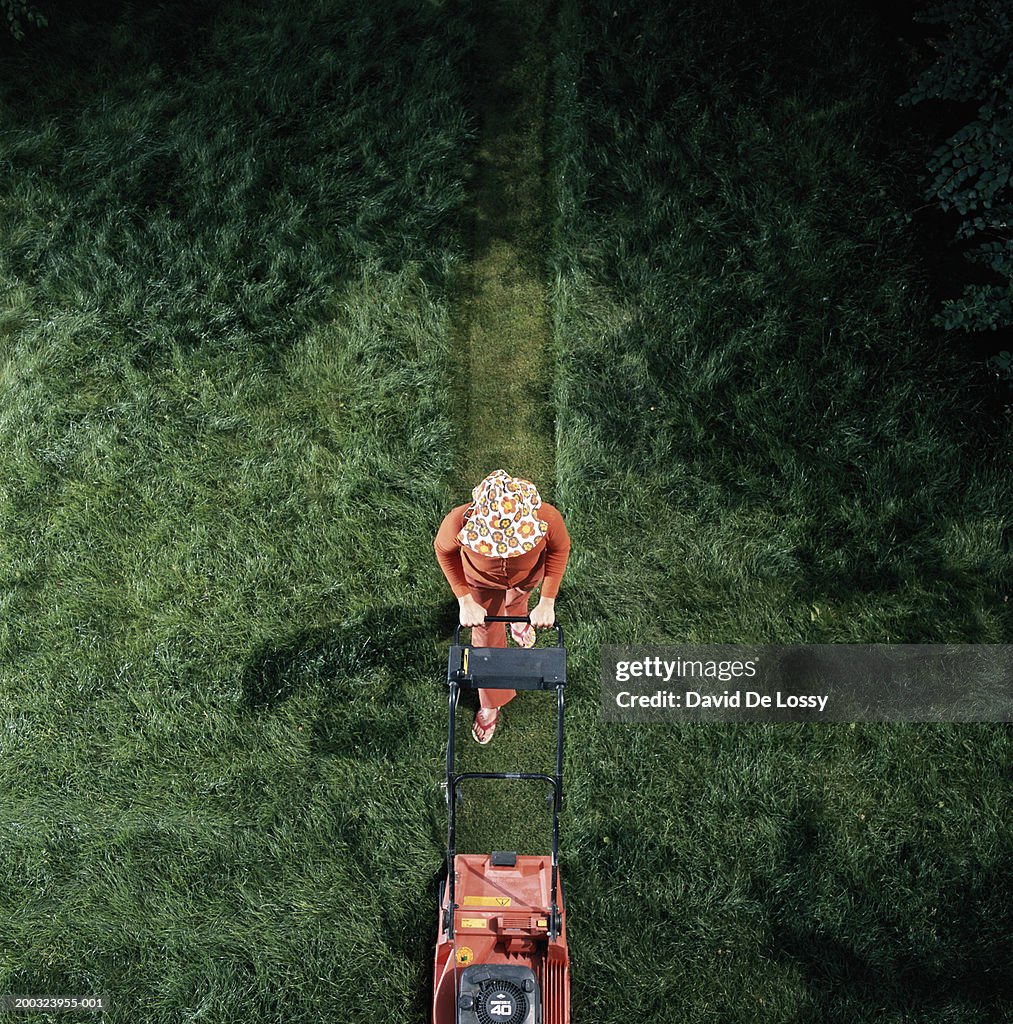 Woman moving grass, elevated view