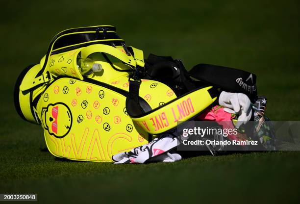 Detailed view of a golf bag belonging to Nick Hardy of the United States is seen on the 17th green during the continuation of the third round of the...