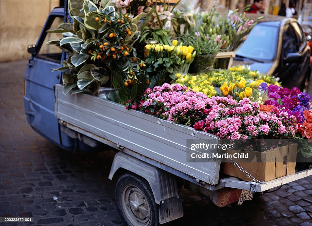 Van loaded with flowers in street