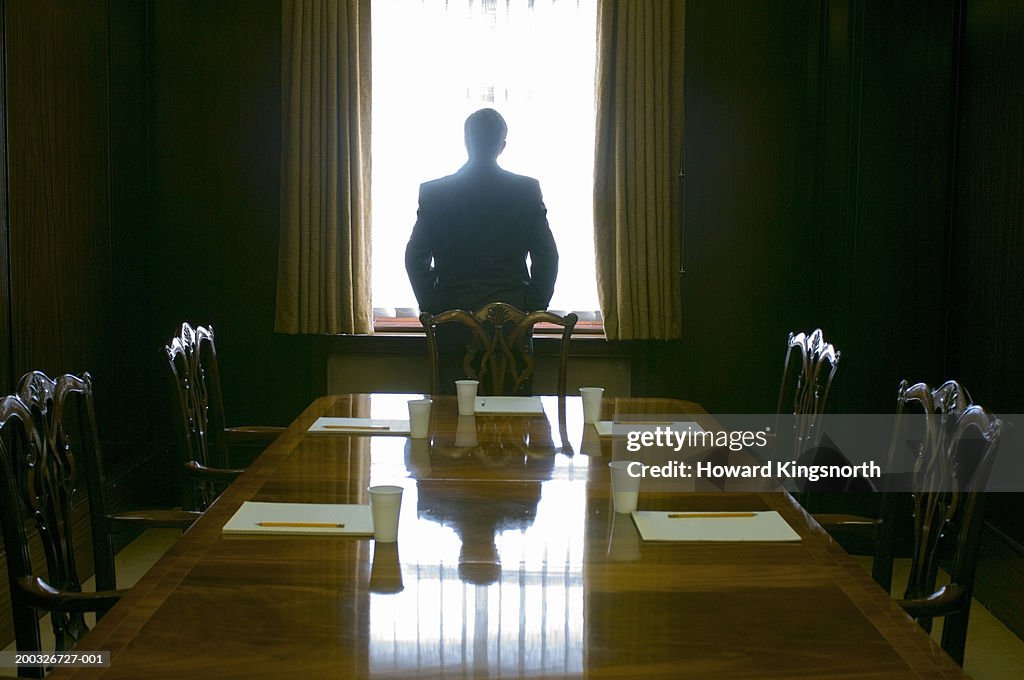 Businessman facing window in meeting room, rear view