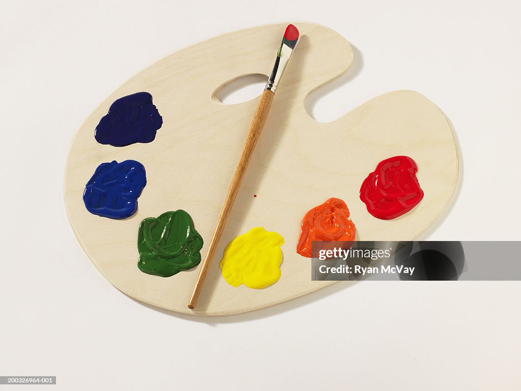 Paintbrush on palette, elevated view