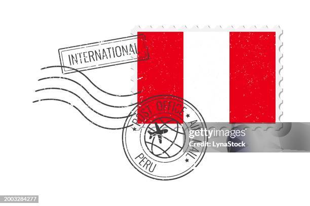 illustrazioni stock, clip art, cartoni animati e icone di tendenza di francobollo grunge del perù. illustrazione vettoriale della cartolina vintage con la bandiera nazionale peruviana isolata su sfondo bianco. stile retrò. - timbro postale