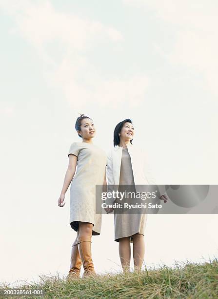 women standing on grass, holding hands, low angle view - mother and daughter in the wind stock-fotos und bilder