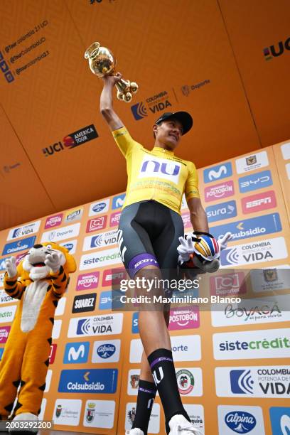 Rodrigo Contreras of Colombia and Team Nu Colombia - Yellow Leader Jersey celebrates at podium final overall race winner during the 4th Tour Colombia...