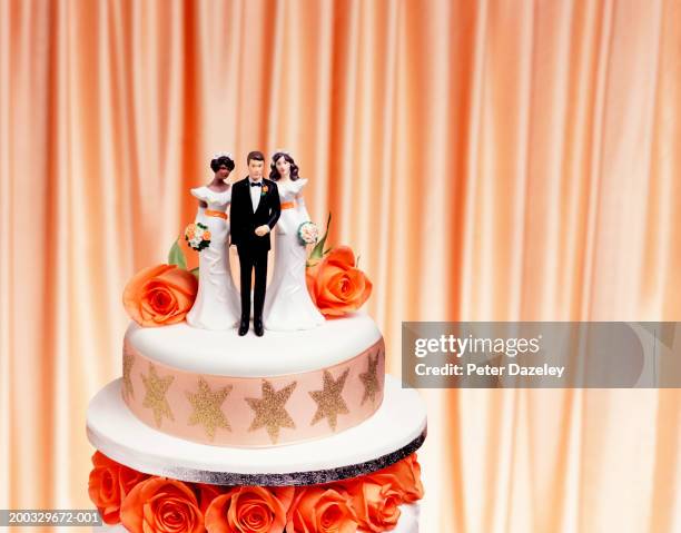 groom and two bride figurines on top of wedding cake, close up - poligamia fotografías e imágenes de stock