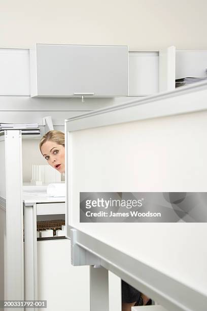 young woman looking around desk divider in office, portrait - peeking cubicle stock pictures, royalty-free photos & images