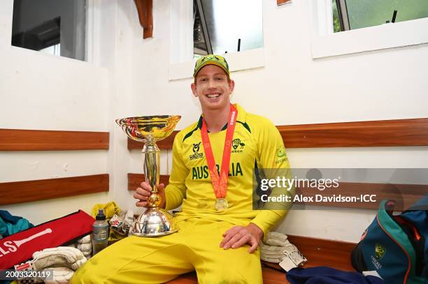 Hugh Weibgen, Captain of Australia, poses for a photograph with the ICC U19 Men's Cricket World Cup trophy after the ICC U19 Men's Cricket World Cup...