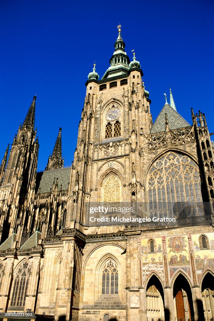 Czech Republic, Prague, St Vitus's Cathedral clock tower, low angle
