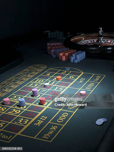 roulette betting table, bets placed on some numbers - roulette table ストックフォトと画像