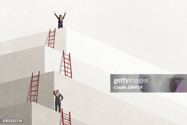 donna che guarda un'altra donna che ha raggiunto la cima - la scala del successo foto e immagini stock