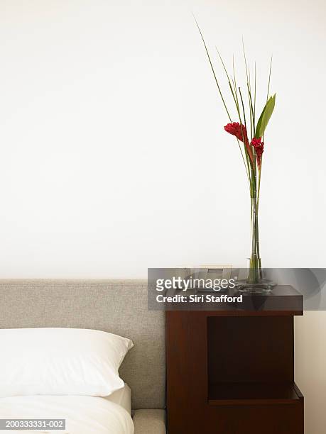 red ginger flowers (hedychium gardnerianum) in vase next to bed - hedychium gardnerianum stock pictures, royalty-free photos & images