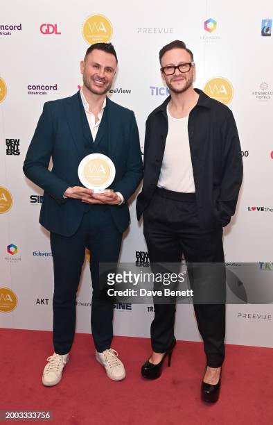 Matt Cole and Kevin Clifton pose in the Winners Room at The 24th Annual WhatsOnStage Awards 2024 at The London Palladium on February 11, 2024 in...