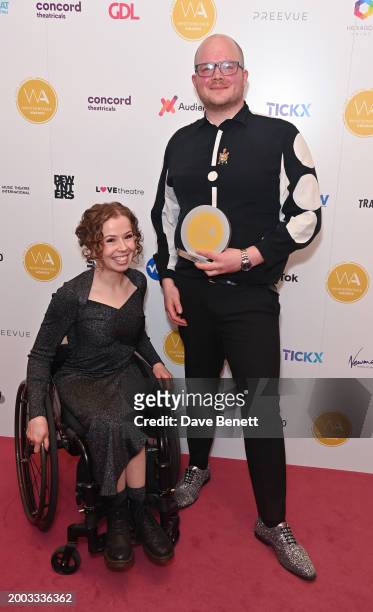 Amy Trigg and Jack Knowles pose in the Winners Room at The 24th Annual WhatsOnStage Awards 2024 at The London Palladium on February 11, 2024 in...