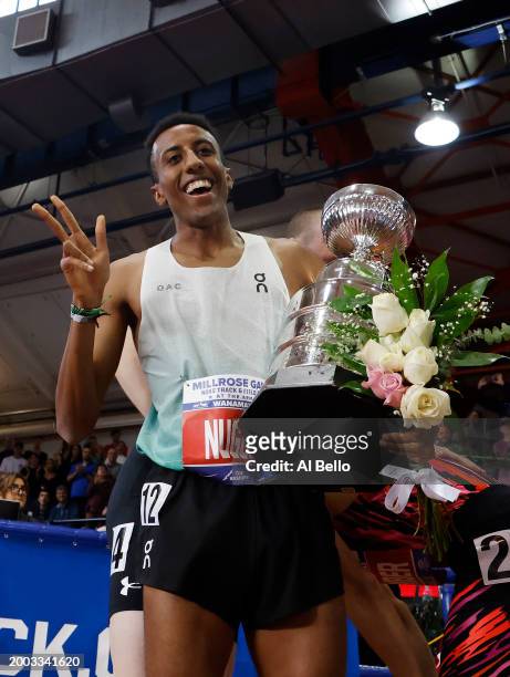 Yared Nuguse wins the NYRR Men's Wanamaker Mile during the 116th Millrose Games at The Armory Track on February 11, 2024 in New York City.