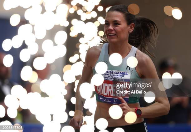 Josette Andrews is introduced prior to the NYRR Women's Wanamaker Mile during the 116th Millrose Games at The Armory Track on February 11, 2024 in...