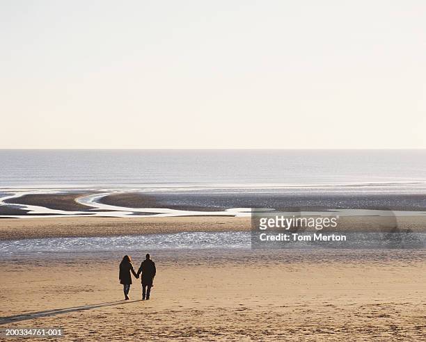 couple walking on beach, holding hands, rear view - camber sands stockfoto's en -beelden