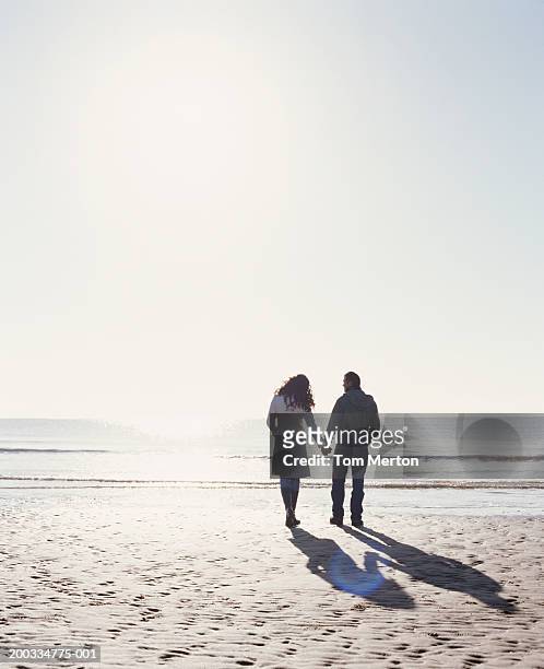 couple holding hands, walking on beach, rear view (sun flare) - sussex autumn stock pictures, royalty-free photos & images