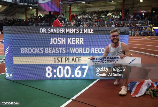 Josh Kerr of Great Britain sets the worlds record at 8:00.67 winning the Dr. Sander Men's 2 Mile during the 116th Millrose Games at The Armory Track...