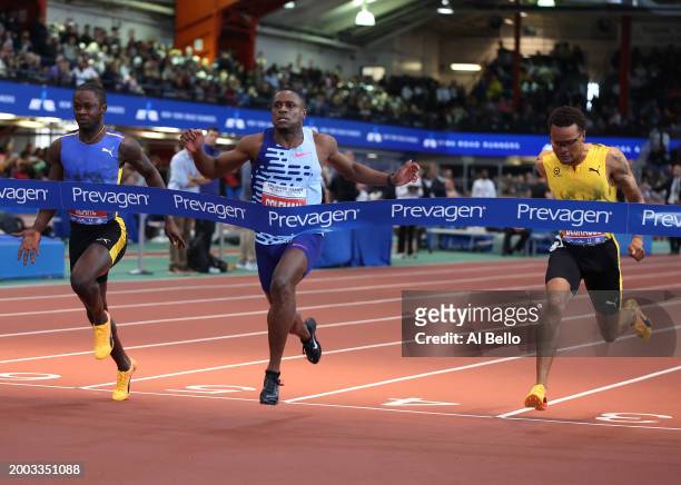 Christian Coleman wins the Men's 60m Final during the 116th Millrose Games at The Armory Track on February 11, 2024 in New York City.
