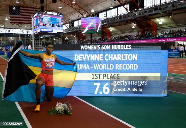 Devynne Charlton of the Bahamas sets the worlds record of 7.67 winning the Women's 60m Hurdles during the 116th Millrose Games at The Armory Track on...