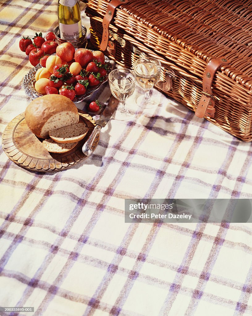 Picnic hamper by food and drinks on blanket