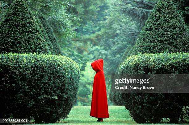 woman wearing red cape among hedges, side view - 映画調 ストックフォトと画像