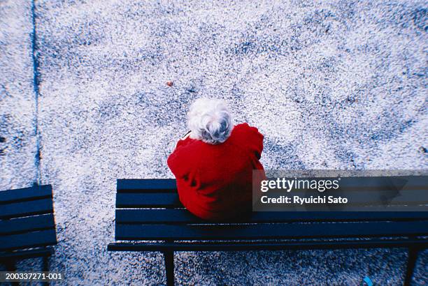 senior woman sitting on bench outdoors, overhead view - elderly woman from behind stock pictures, royalty-free photos & images
