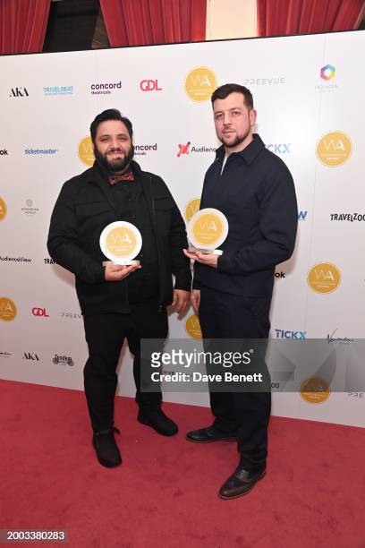 Nathan Amzi and Joe Ransom pose in the Winners Room at The 24th Annual WhatsOnStage Awards 2024 at The London Palladium on February 11, 2024 in...