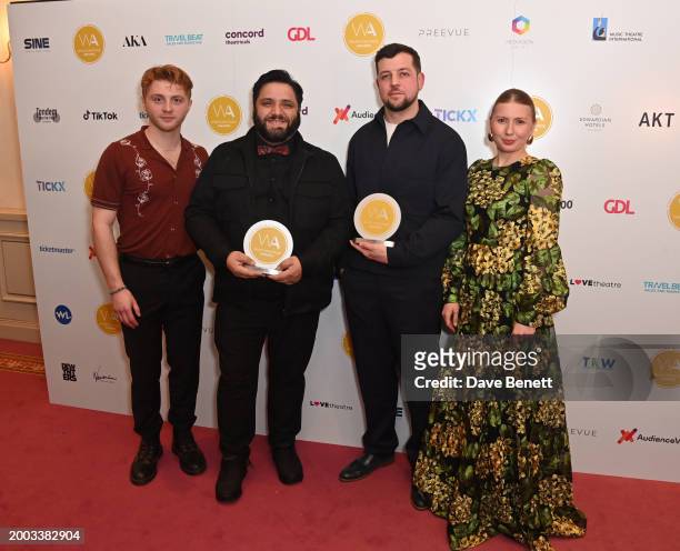 Sam Tutty, Nathan Amzi, Joe Ransom and Bronté Barbé pose in the Winners Room at The 24th Annual WhatsOnStage Awards 2024 at The London Palladium on...