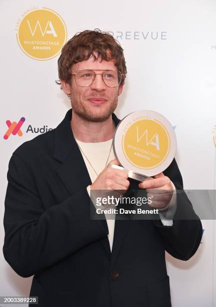 James Norton poses in the Winners Room at The 24th Annual WhatsOnStage Awards 2024 at The London Palladium on February 11, 2024 in London, England.
