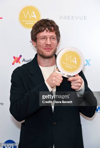 James Norton poses in the Winners Room at The 24th Annual WhatsOnStage Awards 2024 at The London Palladium on February 11, 2024 in London, England.