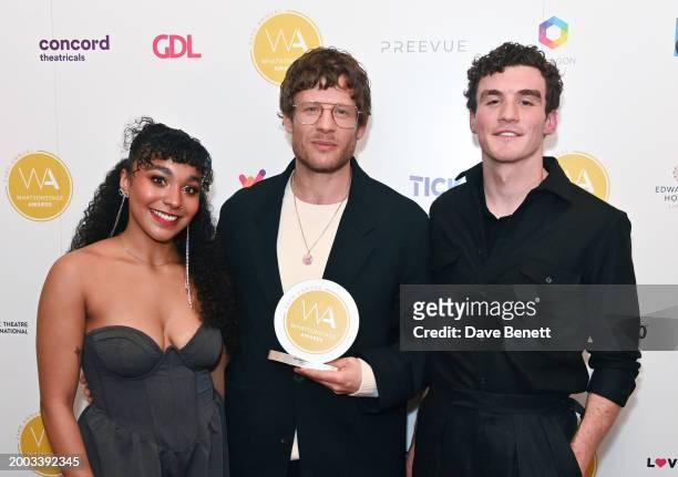 Grace Hodgett Young, James Norton and Donal Finn pose in the Winners Room at The 24th Annual WhatsOnStage Awards 2024 at The London Palladium on...