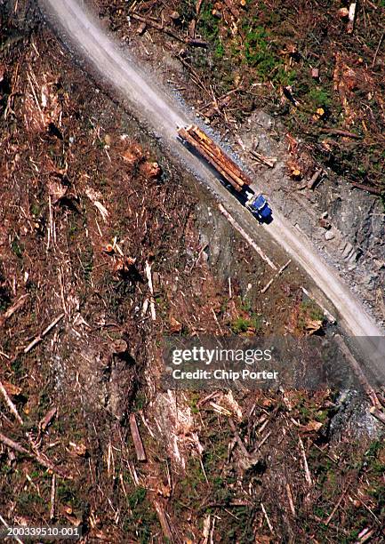 logging truck driving down road in clear cut forest, overhead view - prince of wales island stock pictures, royalty-free photos & images