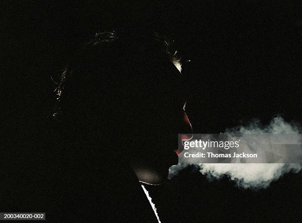 man exhaling vapor, side view, close-up, night - souffle photos et images de collection