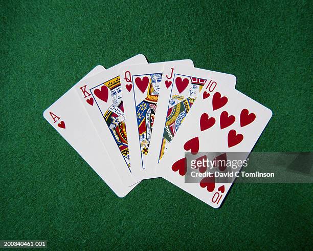 royal flush hand of cards, hearts suit, on playing baize, close-up - man suit stock-fotos und bilder
