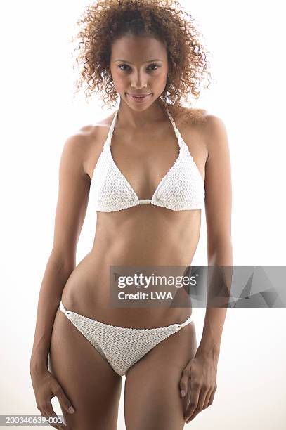young woman in bikini smiling, portrait - crochet stock pictures, royalty-free photos & images