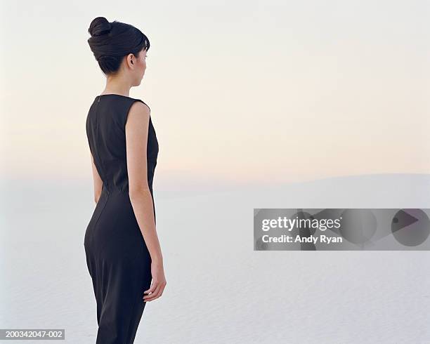 woman standing in desert, rear view - standing female rear view stock-fotos und bilder