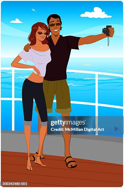 man and woman photographing themselves on cruise ship deck - クルーズ　カップル点のイラスト素材／クリップアート素材／マンガ素材／アイコン素材