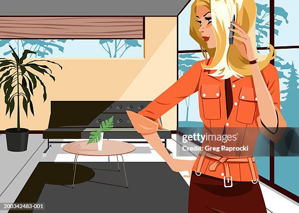 woman talking on cell phone in living room, hand on hip - platinum stock illustrations