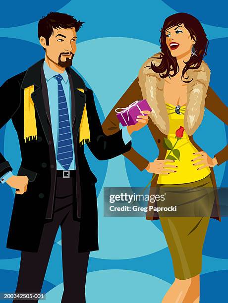 man giving woman gift, woman standing with hands on hips - single rose stock illustrations