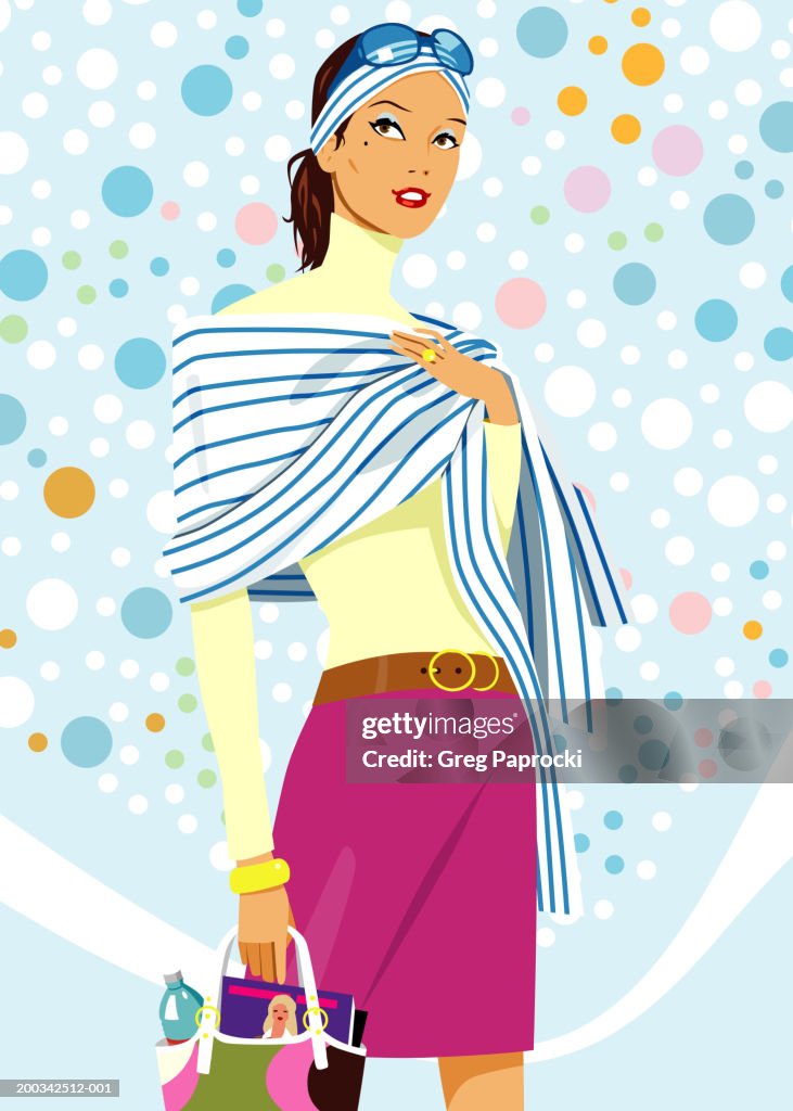 Woman wearing shawl, carrying purse